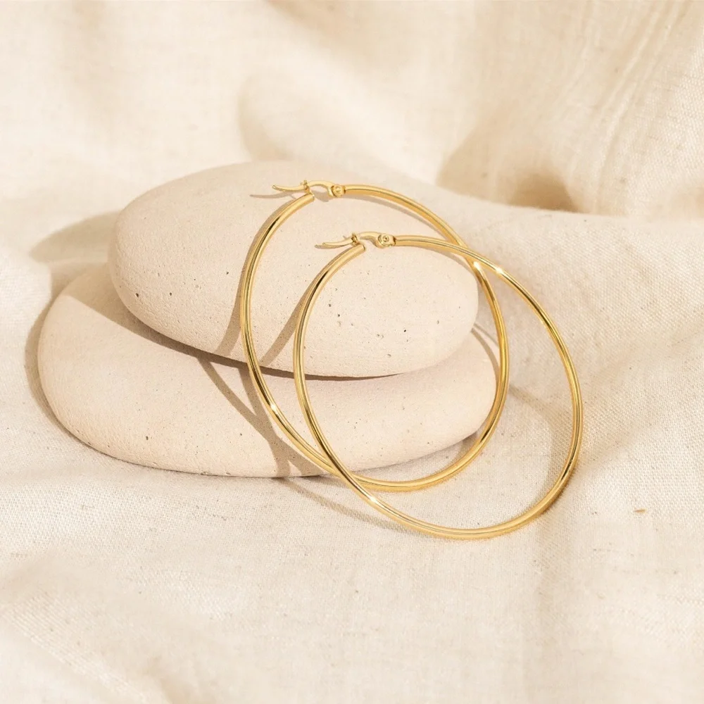 18K Gold NIB PVD Stainless Steel Oversized Hoop Earrings – 60mm - Picture 2 of 7
